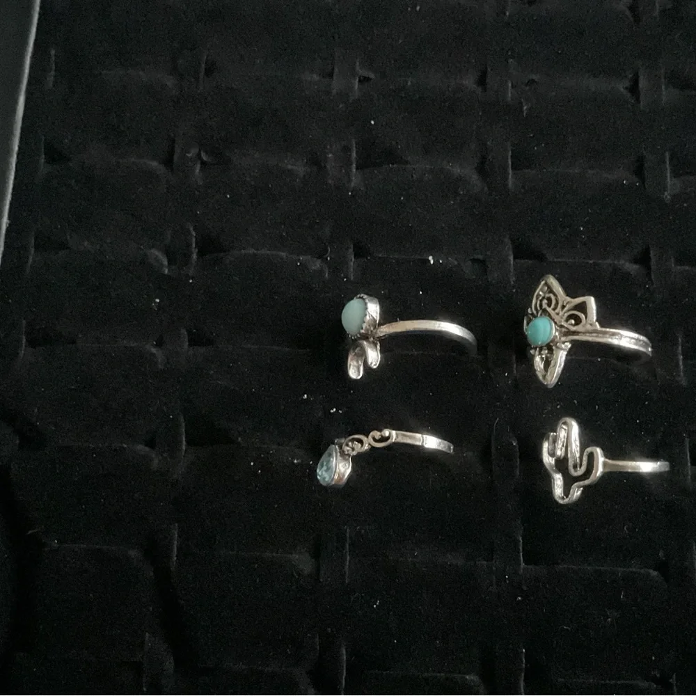 Silver Tone Rings x4 Cactus Cross Synthetic Blue Topaz Turquoise Boho Set Size 4